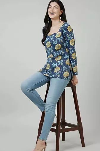 Blue  pure cotton printed tunic for women