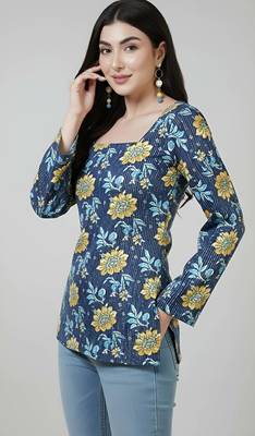 Blue  pure cotton printed tunic for women 4