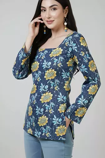 Blue  pure cotton printed tunic for women