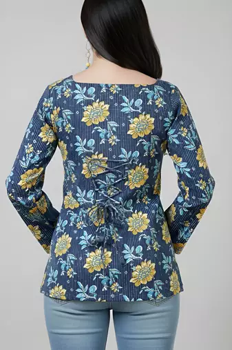 Blue  pure cotton printed tunic for women