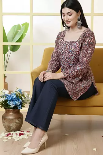 Maroon  pure cotton printed tunic for women