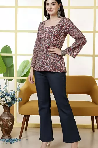 Maroon  pure cotton printed tunic for women