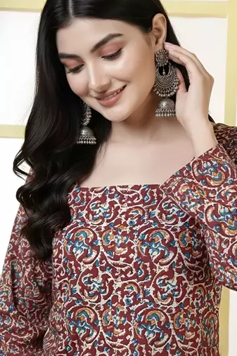 Maroon  pure cotton printed tunic for women