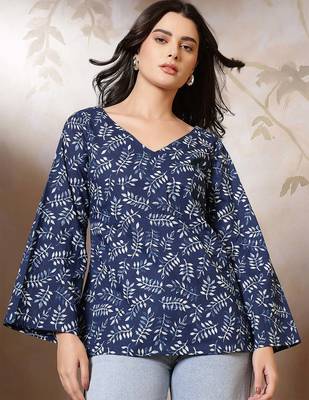 Blue  pure cotton printed tunic for women 1