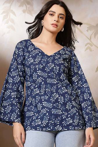 Blue  pure cotton printed tunic for women