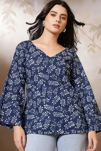 Blue  pure cotton printed tunic for women