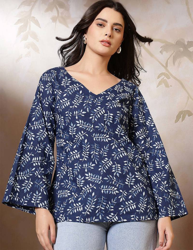 Blue  pure cotton printed tunic for women