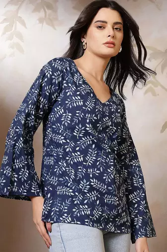 Blue  pure cotton printed tunic for women