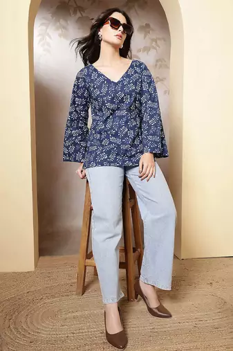Blue  pure cotton printed tunic for women