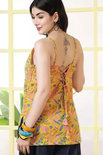 Yellow  pure cotton printed tunic for women