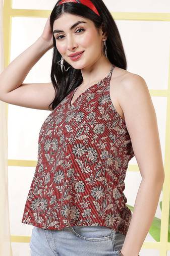 Maroon  pure cotton printed tunic for women