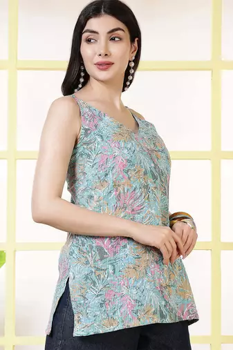 Blue  pure cotton printed tunic for women