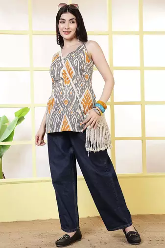Grey  pure cotton printed tunic for women