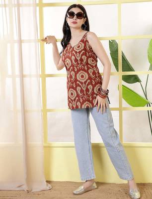 Orange  pure cotton printed tunic for women 2