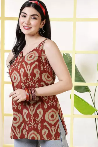 Orange  pure cotton printed tunic for women