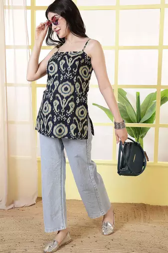 Navy blue  pure cotton printed tunic for women