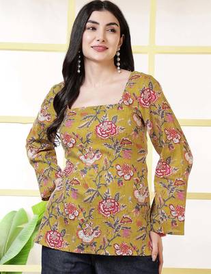 Mustard  pure cotton printed tunic for women 1