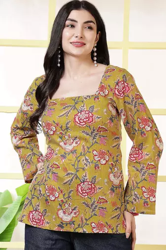 Mustard  pure cotton printed tunic for women