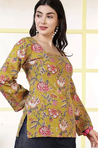 Mustard  pure cotton printed tunic for women