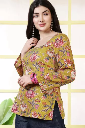 Mustard  pure cotton printed tunic for women