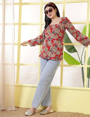 Red  pure cotton printed tunic for women 1
