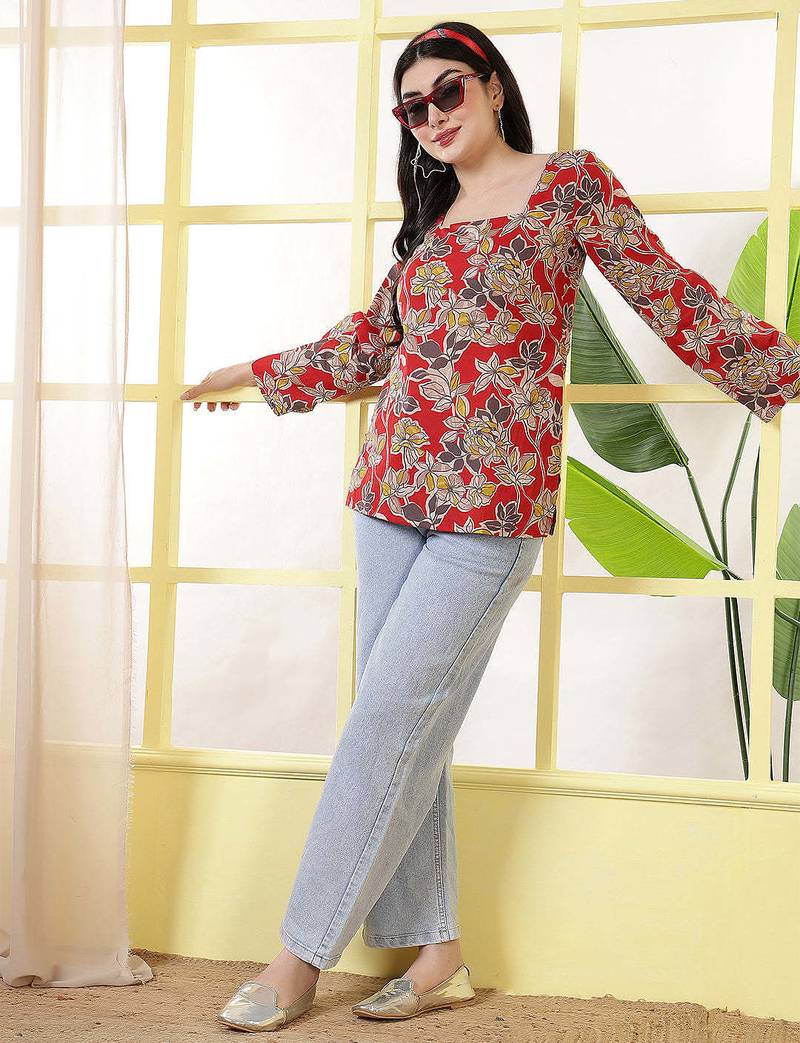 Red  pure cotton printed tunic for women