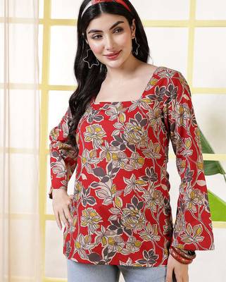 Red  pure cotton printed tunic for women 2