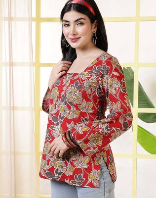 Red  pure cotton printed tunic for women 4