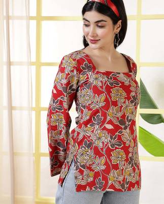 Red  pure cotton printed tunic for women 5