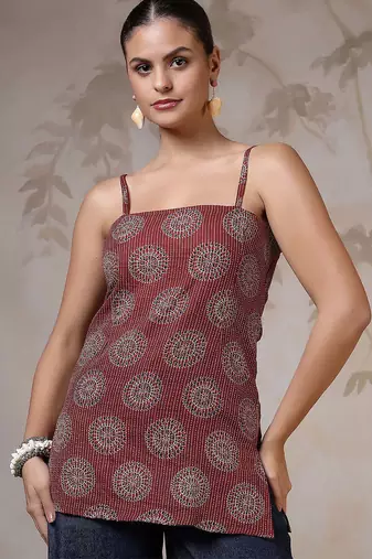 Maroon  pure cotton printed tunic for women