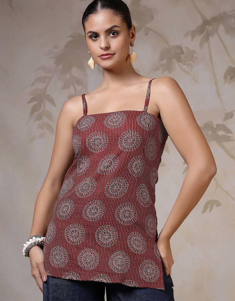 Maroon  pure cotton printed tunic for women