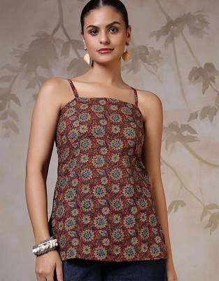 Orange  pure cotton printed tunic for women 1
