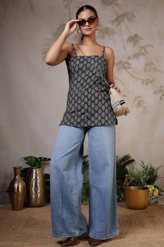 Black  pure cotton printed tunic for women