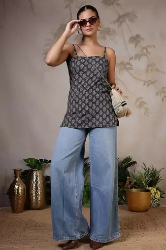 Black  pure cotton printed tunic for women