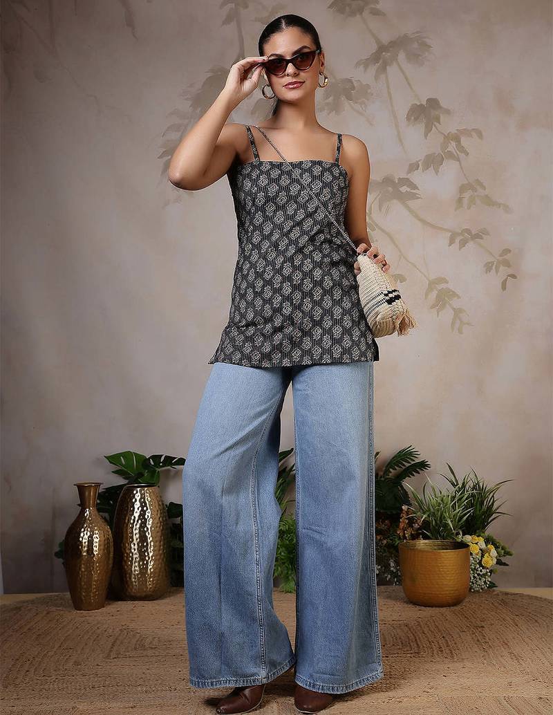 Black  pure cotton printed tunic for women