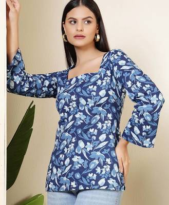 Blue  pure cotton printed tunic for women 1