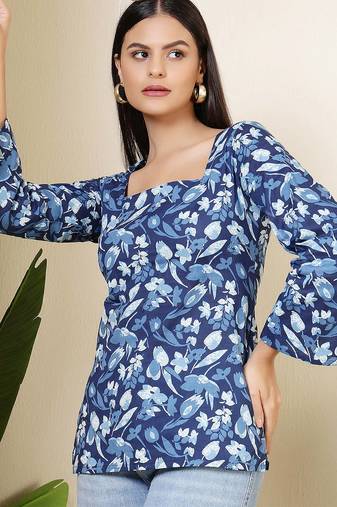Blue  pure cotton printed tunic for women