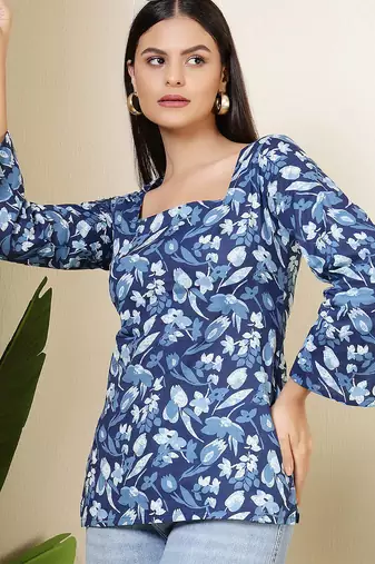 Blue  pure cotton printed tunic for women