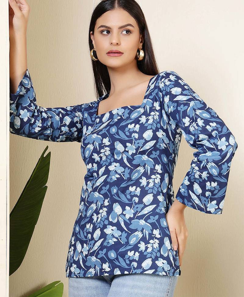 Blue  pure cotton printed tunic for women