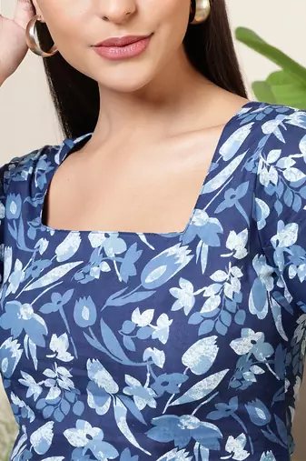 Blue  pure cotton printed tunic for women