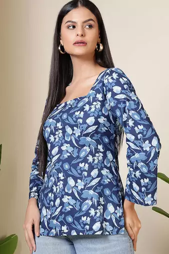 Blue  pure cotton printed tunic for women