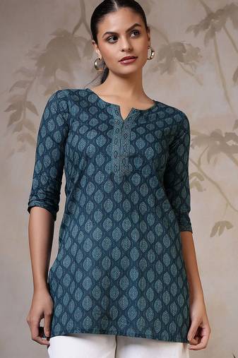 Teal  pure cotton printed tunic for women