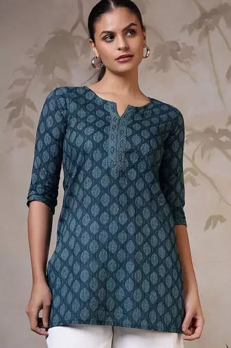Teal  pure cotton printed tunic for women