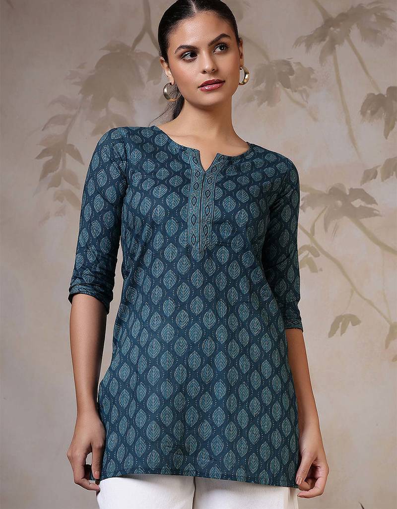 Teal  pure cotton printed tunic for women