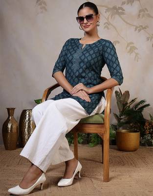 Teal  pure cotton printed tunic for women 2