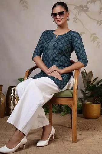 Teal  pure cotton printed tunic for women