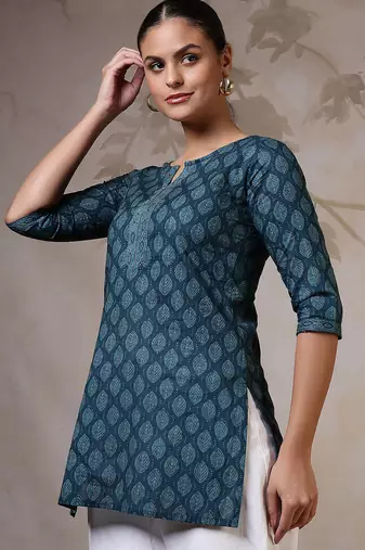 Teal  pure cotton printed tunic for women