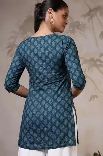 Teal  pure cotton printed tunic for women