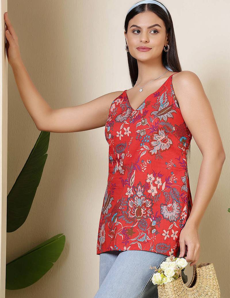 Maroon  pure cotton printed tunic for women