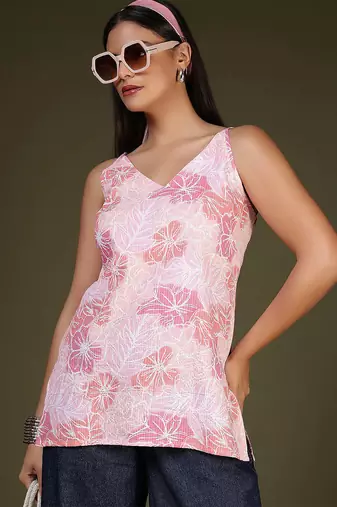 Pink  pure cotton printed tunic for women